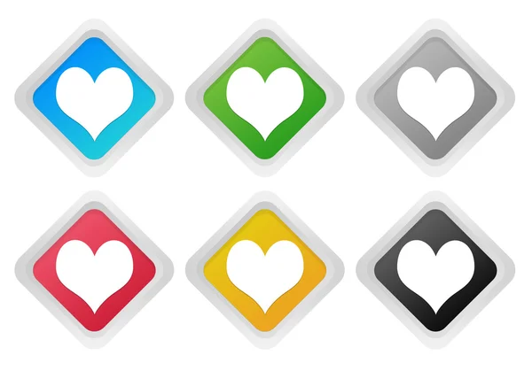 Набор цветных кнопок в форме ромба с символом сердца — стоковое фото