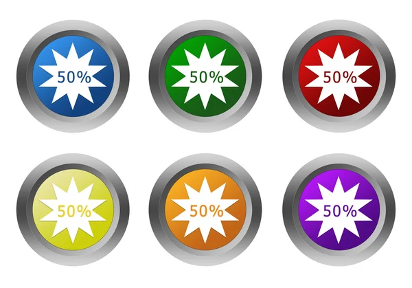 Uppsättning av rundade färgglada knappar med rabatt symbol — Stockfoto