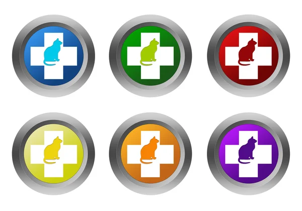 Conjunto de botões coloridos arredondados com símbolo veterinário e gato — Fotografia de Stock