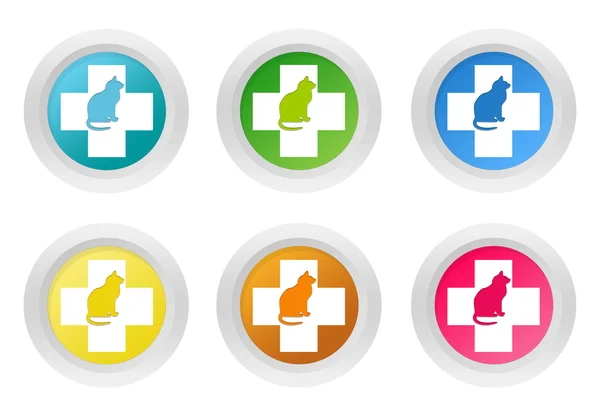 Conjunto de botones redondeados de colores con símbolo veterinario y gato —  Fotos de Stock