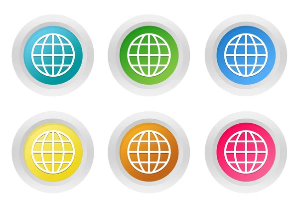 Sæt afrundede farverige knapper med verdens symbol - Stock-foto