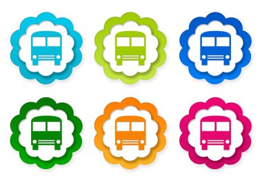 Otobüs sembolü ile renkli çıkartmalar simgeler kümesi