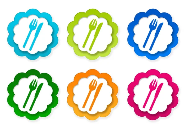 一套彩色贴画图标与餐厅符号 — 图库照片