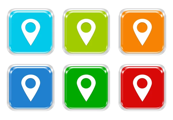 Uppsättning av kvadraten färgglada knappar med markörer på kartor symbol — Stockfoto