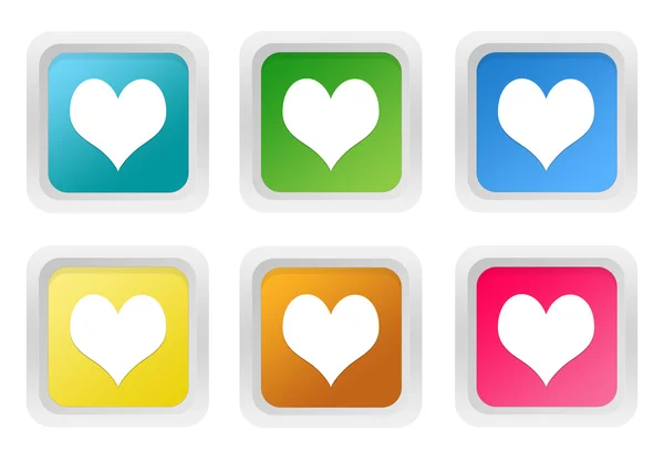 Ensemble de boutons carrés colorés avec symbole de coeur — Photo