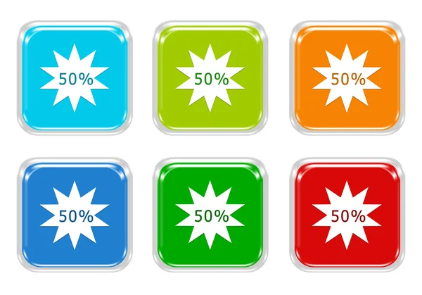 Conjunto de botões coloridos ao quadrado com símbolo de desconto — Fotografia de Stock