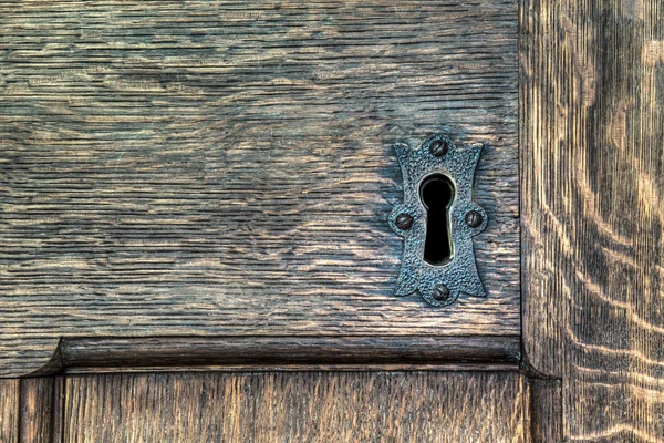 Keyhole with metal plate in a wooden door — Stock Photo, Image