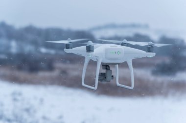 Uçan dron vahşi doğanın fotoğraflarını çekiyor. Soğuk kış havası. Yağan karla bulutlu bir gün.
