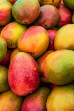 Food background of Variety of fresh ripe Mango Fruits at the spanish weekly Market. Close up shot. clipart