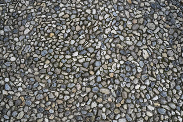 灰色鹅卵石地板背景与不同形状的圆形石头 石头和鹅卵石纹理透视 用石子铺成的街铺有铺面石头的地板 — 图库照片