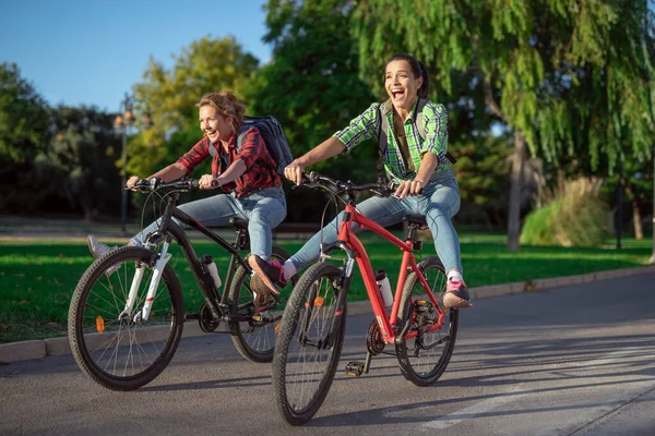 Дві Красиві Молоді Кавказькі Дівчата Розважаються Велосипедах Вздовж Вулиці Найкращі Стокове Фото