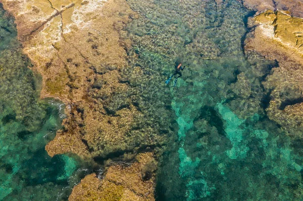 Aerial drone bird\'s eye view of swimming spearfishing diver in rocky seascape located in Costa Blanca, Torrevieja, Spain.
