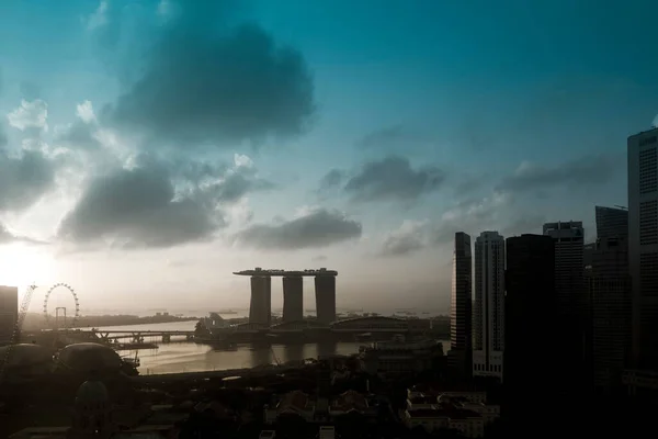 Вид Воздуха Сингапурские Небоскребы Бухту Марина Рассвете — стоковое фото