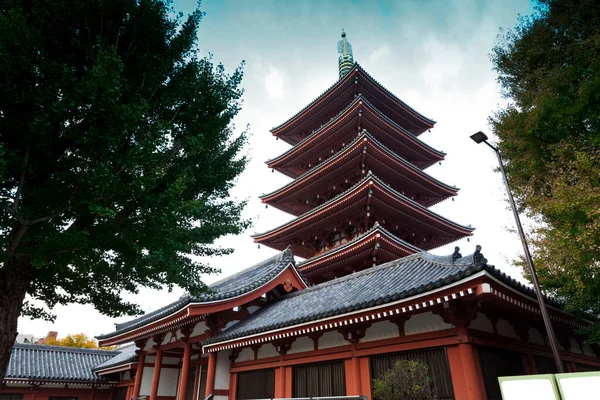 View Red Ancient Five Storeied Pagoda Senso Buddhist Temple Autumn — стоковое фото