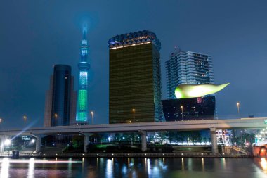 Tokyo Skytree 'li Sumida Nehri ve Tokyo, Japonya' daki Asahi Birası manzarası. 