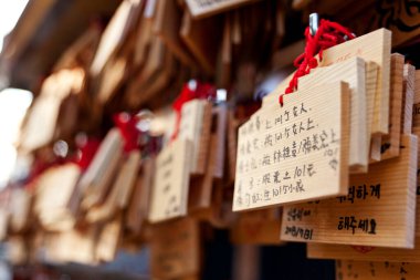 Meiji Tapınağı 'nda (Meiji Jingu) küçük tahta levhalar (dua kartları).)