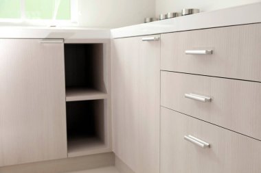 Mutfak dolaplarının kapısında metal çekmeceler ya da düğmeler var..