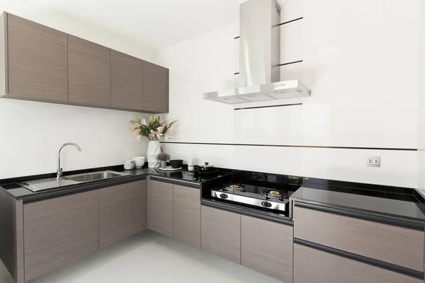 Cihazlı mutfak, elektrikli fırın kaputu, fırın ve lavabo. Ev mutfağı.