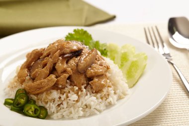 Beyaz arka planda soslu tavuklu pilav..