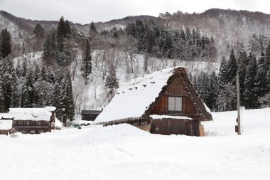 Kışın Shirakawa-go köyünde, Gifu, Japonya 'da geleneksel Gu tarzı bir ev. Shirakawa-go köyü UNESCO 'nun dünya mirası alanlarından biri..