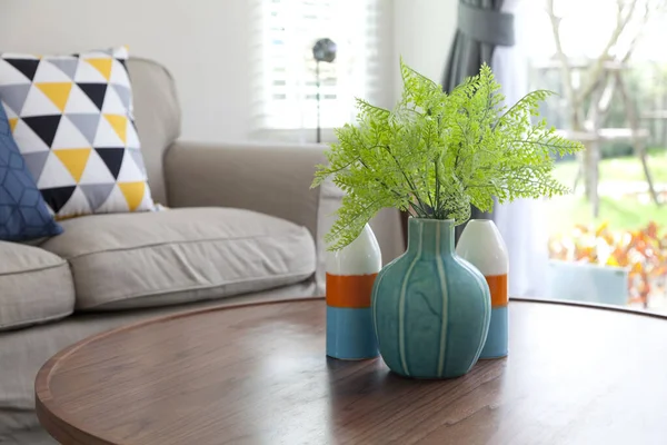 Flowers Vase Wooden Coffee Table Living Room Interior Grey Sofa — Stock Photo, Image