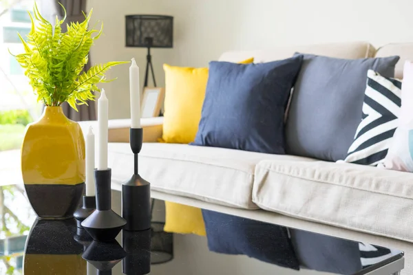 Blue Yellow Pillows White Sofa Coffee Table Scandinavian Living Room — Stock Photo, Image