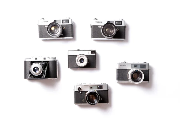 Many Old Retro Cameras White Background Collection Antique Vintage Retro — Stock Photo, Image