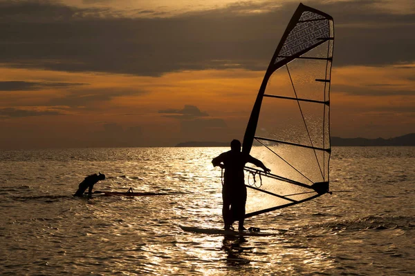 Silhouette Man Windsurfer Waves Bay Beautiful Sunset — Stock Photo, Image