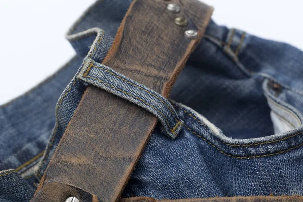 Blue Denim Jeans Yellow Stitching Close Fashionable Jean Belt — Stock Photo, Image
