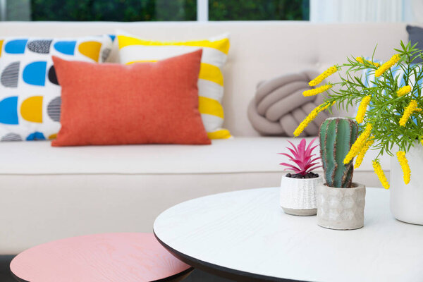 cactus and flower vase on white table in colorful living room.
