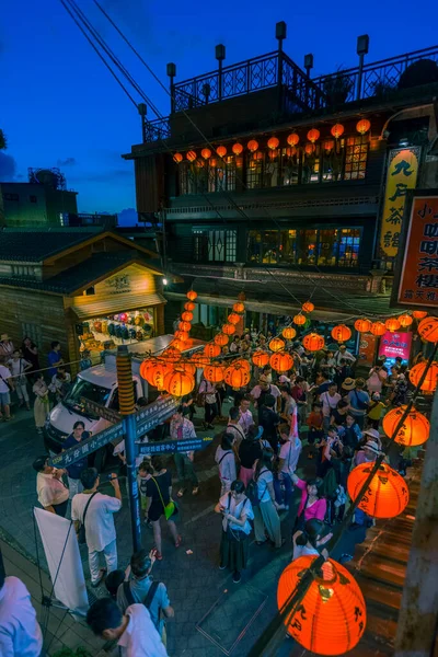 Hermosa Linterna Casco Antiguo Jiufen Con Multitud Turistas Que Visitan —  Fotos de Stock