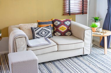 Amerikan yerlisi desenli renkli yastık oturma odasındaki kanepede..