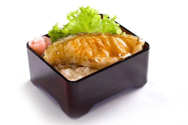 Σολομός Σχάρας Σάλτσα Σόγιας Ρύζι Ιαπωνικό Φαγητό — Φωτογραφία Αρχείου