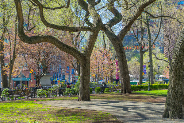 The People come to enjoy spring weather in Union Square Park in New York,USA