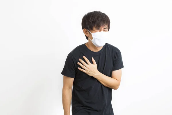 Doente Meia Idade Asiático Homem Casual Preto Shirt Máscara Isolado — Fotografia de Stock