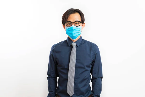 Adult Handsome Asian Businessman Face Mask Standing Looking Camera White — Stock Photo, Image