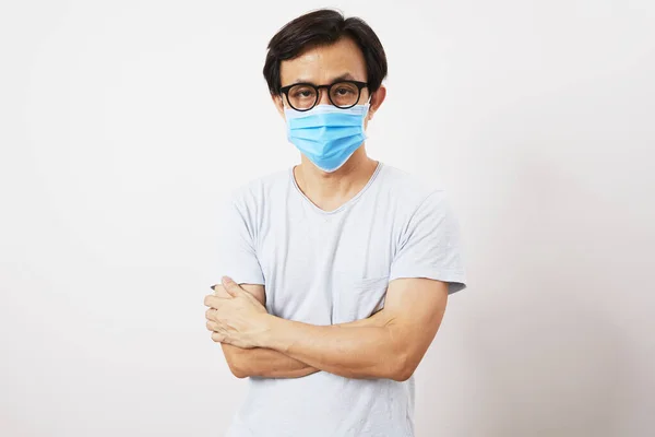 Handsome Middle Aged Asian Man Casual White Shirt Eyeglasses Mask — Stock Photo, Image