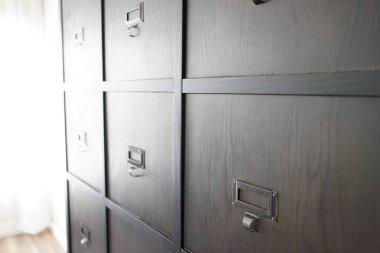 closet or wardrobe with door handles. Interior object photo, Close-up and selective focus at the knob handle.