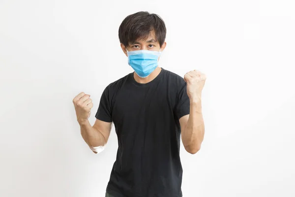 Stilig Medelålders Asiatisk Man Casual Svart Shirt Och Mask Isolerad — Stockfoto