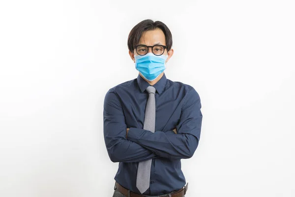 Adult Handsome Asian Businessman Eyeglasses Face Mask Standing Crossed Arms — Stock Photo, Image