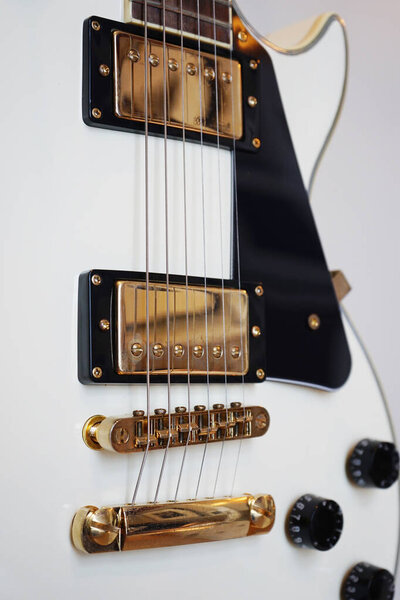 Close-up detail of the pickup of an electric guitar.