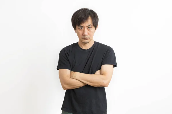 Sérieux Moyen Âge Asiatique Homme Casual Noir Shirt Debout Avec — Photo