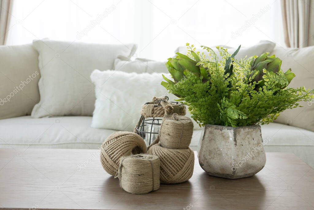 plant pot and balls of wool on the coffee table