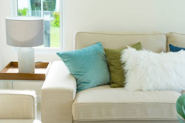 Oturma odasında yastıkları olan rahat bir kanepe. 