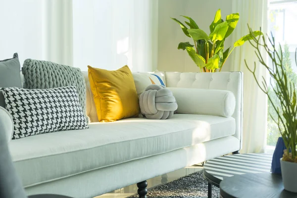 Modern Living Room Interior Yellow Pillow White Sofa — Stock Photo, Image