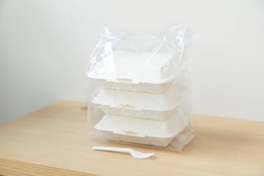 Many Food containers box on wood table. Food delivery service.