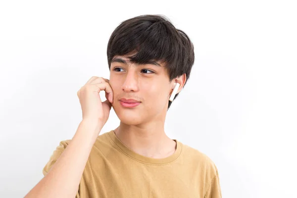 Joyful Handsome Boy 12Y Wearing Earpods Smiling White Background — Stock Photo, Image