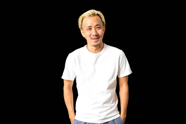 Middle Aged Asian Man Stylish White Hair Smiling Camera Black — ストック写真