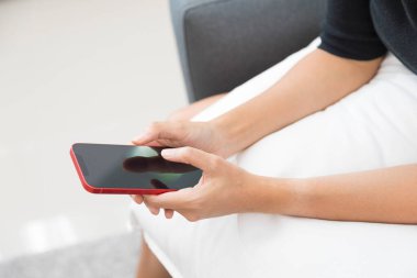 Kanepede oturan ve bir akıllı telefon kullanan kadın