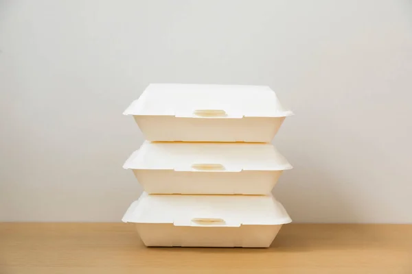 Many Food Containers Box Wood Table Food Delivery Service — Stock fotografie